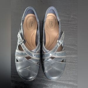 Clarks Ashland Spin Navy Blue Leather Mary Jane Comfort Flats Shoes Women's 7W